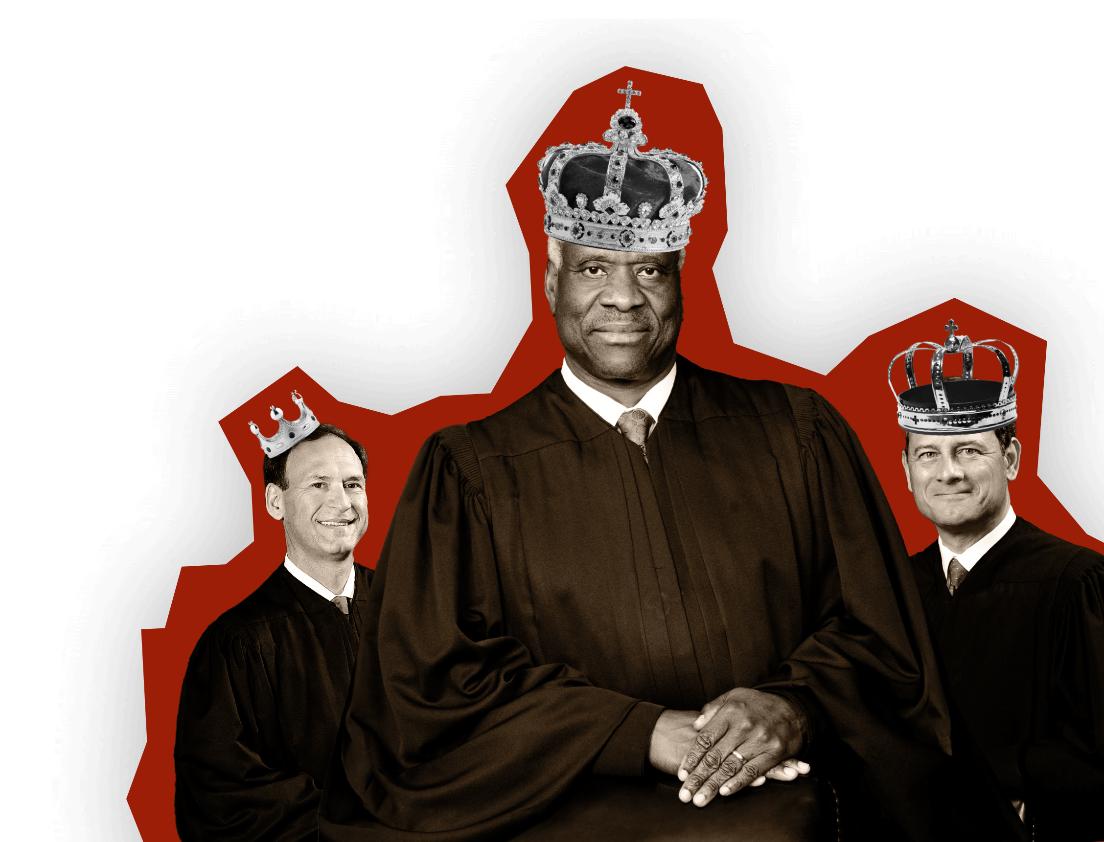 Samuel Alito, Clarence Thomas, and John Roberts smiling wearing ornate royal crowns